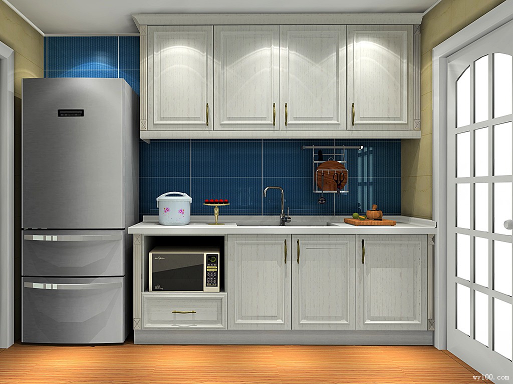 U字型厨房，增加了厨房的储物空间，厨房墙面白色仿石材的砖，干净大气，地柜、吊柜采用拼色设计，更有质感-家居美图_装一网装修效果图